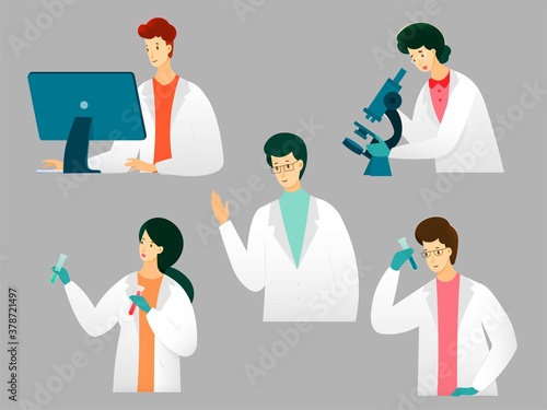 Scientists doing research in lab or hospital set. Women and men working in science medical laboratory. Innovation teamwork vector illustration. Chemists looking in microscope, holding flask