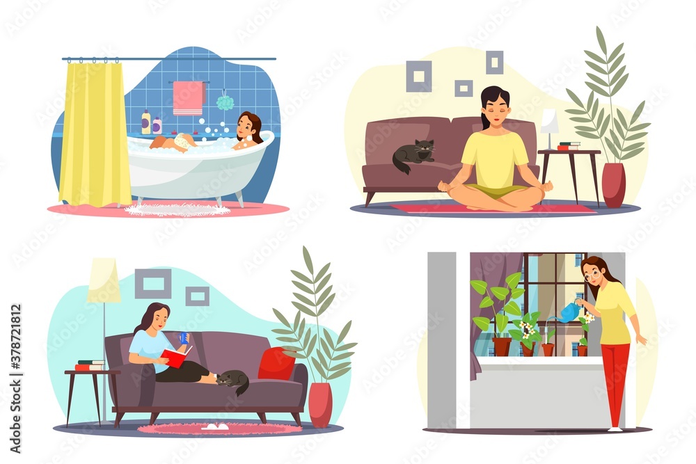Naklejka premium Girl relaxing at home alone vector illustration set. Woman cartoon character doing yoga, taking bath, watering plants, reading book in cozy room. Stay positive, calm and safe during summer time