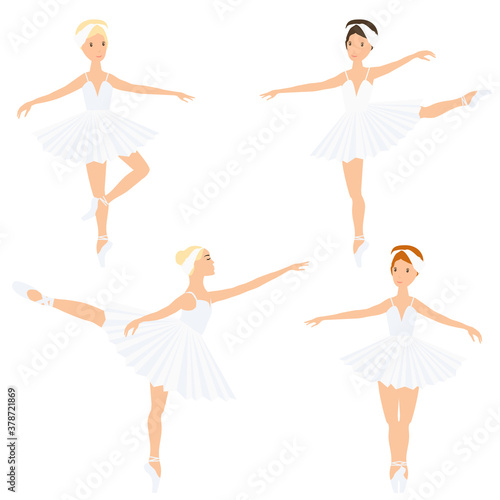 Set of ballerinas in tutu and pointe shoes, dancing and posing. Ballet vector pattern on the pink background.