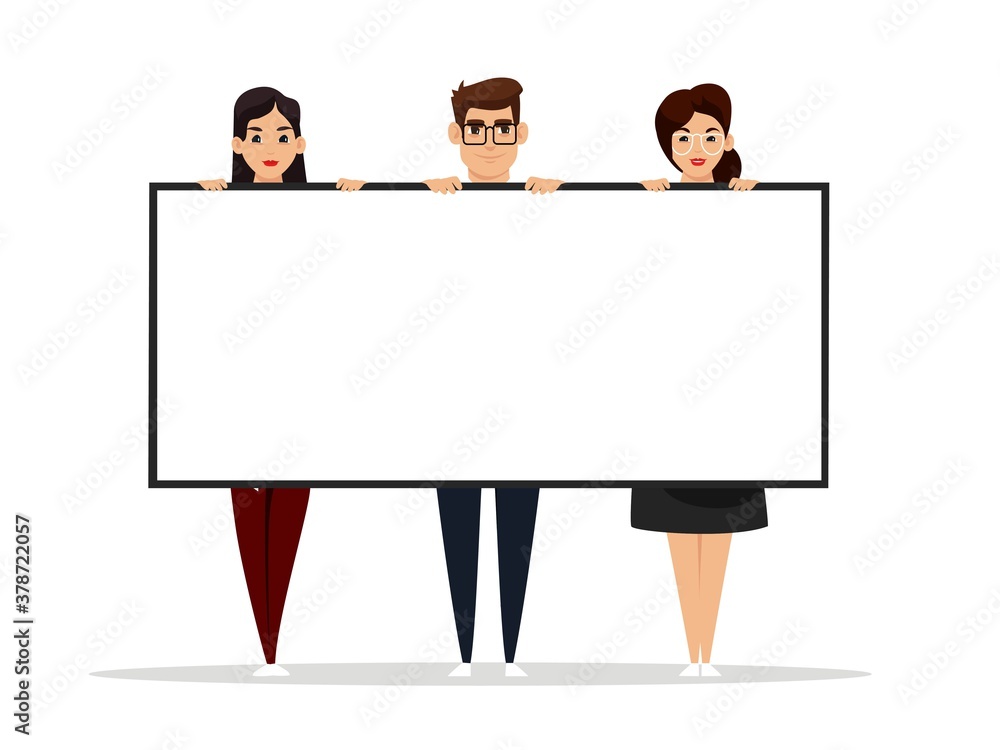 Business man and women holding blank banner. Professional people with white announcement board. Poster in hands, copy space vector illustration. Young successful workers with billboard Business man and women holding blank banner. Professional people with white announcement board. Poster in hands, copy space vector illustration. Young successful workers with billboard