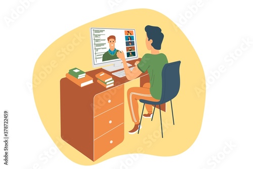 Webinar vector illustration, online meeting, work at home, flat design. Video conferencing, social distancing, business discussion. The character is watching webinar or talking with colleagues online.