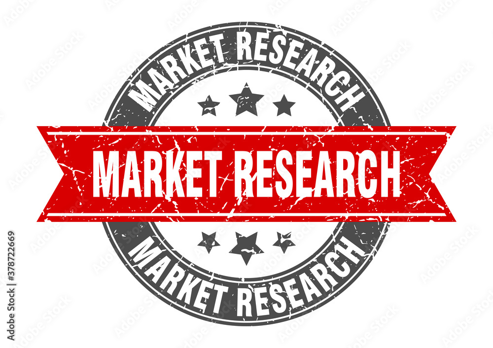 Fototapeta premium market research round stamp with ribbon. label sign