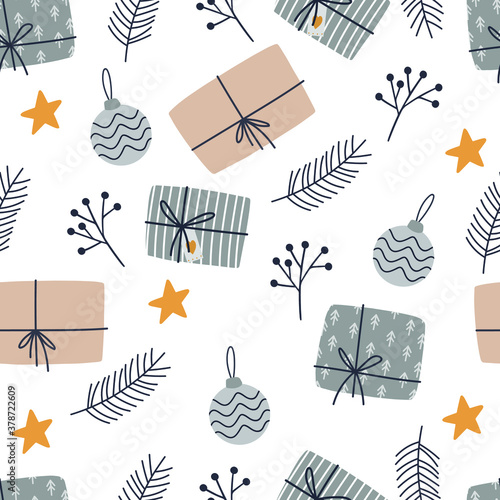 Christmas seamless pattern with gifts. Cozy winter illustration for fabric, wrapping paper, scrapbooking, textile, web, banner, poster and other christmas design. Flat style hygge winter pattern.
