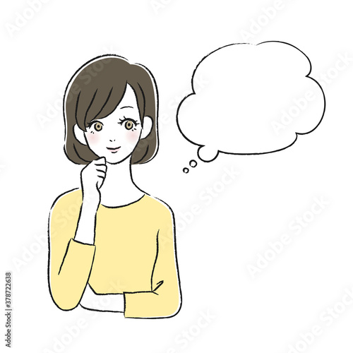笑顔の女性　考える　吹き出し