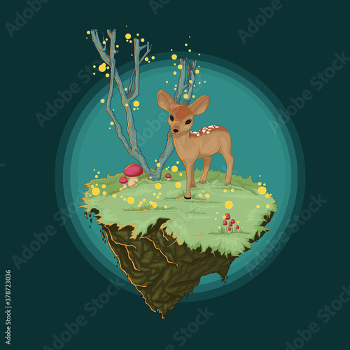 Cartoon deer in a fairy forest scene. Colorful bambi vector illustration template for wallpaper, games, background, pattern, decor. Print for fabrics and other surfaces.