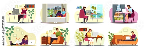 Remote workers working at home office scenes set