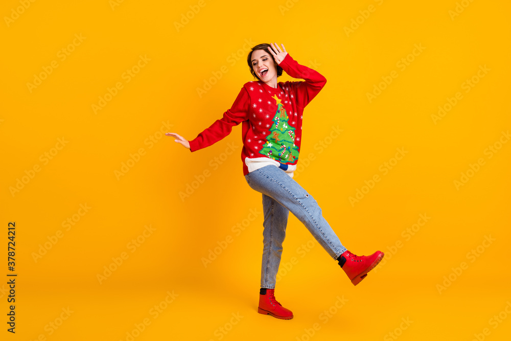 Full length photo of crazy cool girl dance x-mas newyear theme masquerade wear christmas tree decor pullover boots isolated over bright shine color background