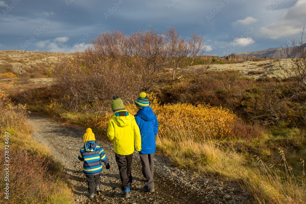 Children, brothers, walking on a path in scenic Thingvellir National Park rift valley, Iceland