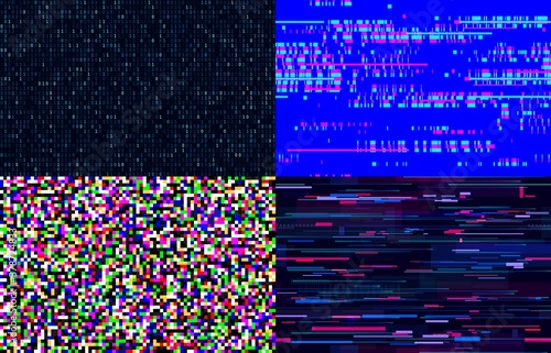 Futuristic neon glitch seamless pattern. TV pixel noise on television screen. Distorted signal with light bug effects set. Glitched tech lines and video snow interference vector illustration