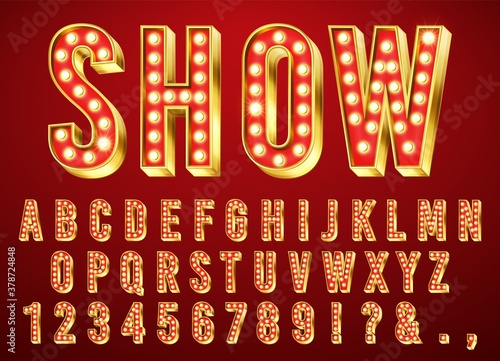 Gold bulb light font. Glowing retro alphabet letter, numbers and marks collection with shiny bright lights. ABC design on dark red background for cinema, broadway and night club vector illustration