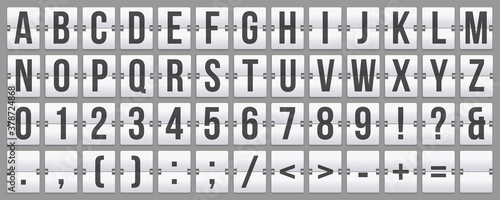 Mechanical scoreboard flip font with alphabet lettering, numbers and punctuation marks. ABC design on panel for clock timer, arrival airport signs, railway station vector illustration.