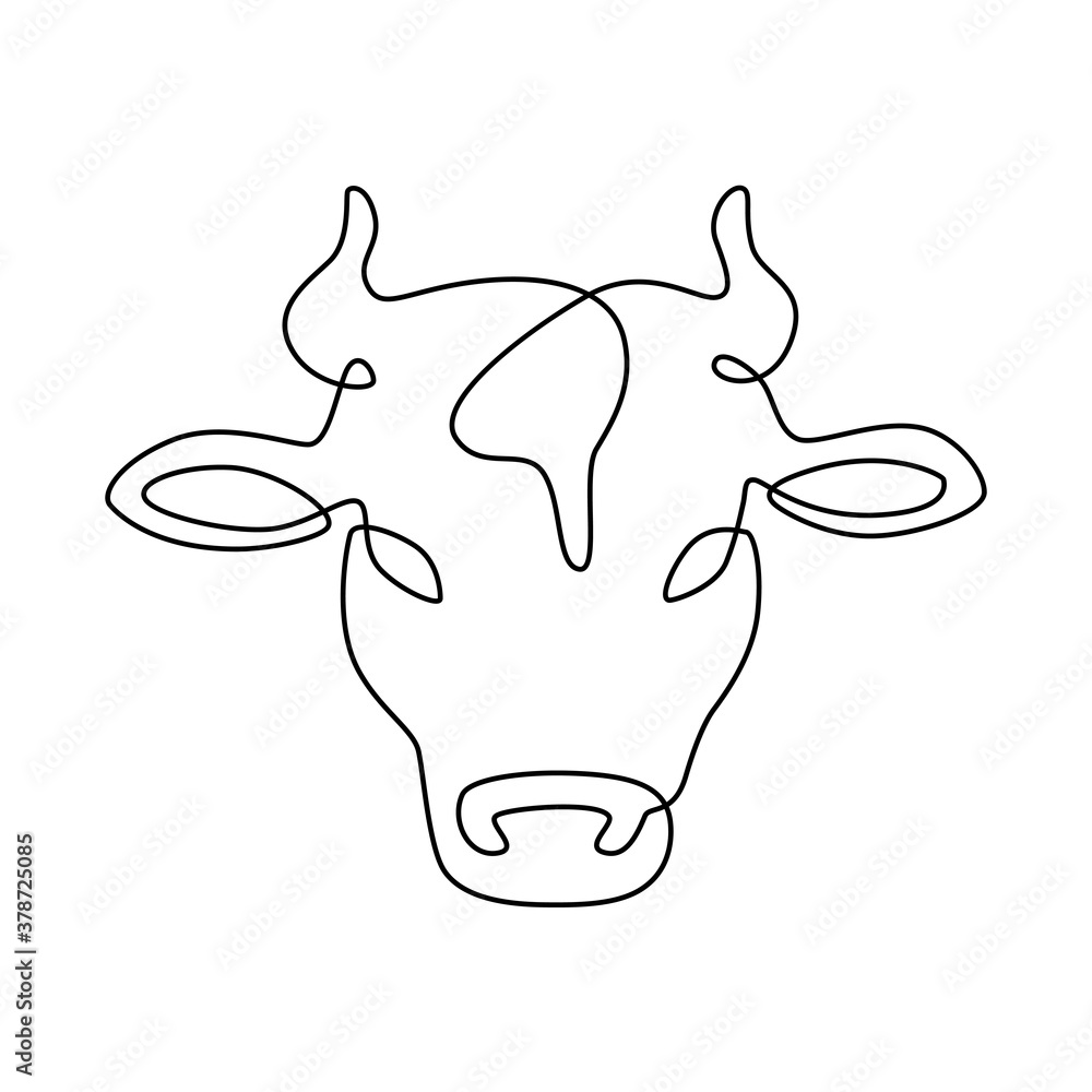 Fototapeta premium Line cow head. Milk and beef meat farm logo, dairy product label. Cattle continuous line vector isolated on white emblem. Mammal animal for farming or agricultural logo icon illustration