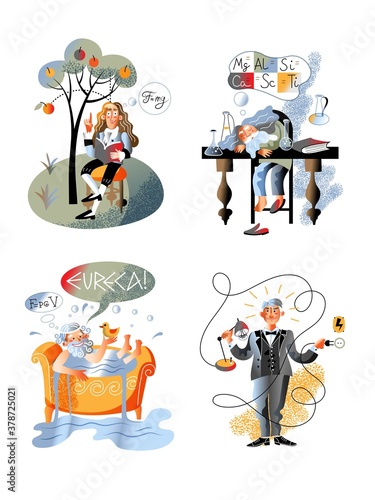 Archimedes, Newton, Mendeleev, Edison discover set
