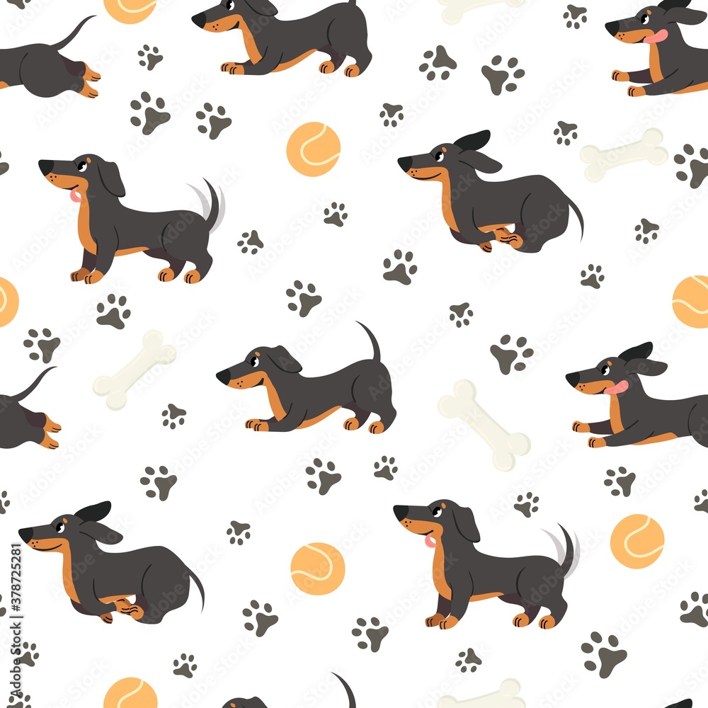 Dachshund seamless pattern. Adorable pets, funny dog long bodied breed, print for wrapping paper, textiles, wallpaper trendy vector texture. Adorable puppy jumping , ball toy and bone