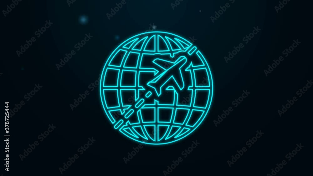 Glowing neon line Globe with flying plane icon isolated on black background. Airplane fly around the planet earth. Aircraft world icon. 4K Video motion graphic animation. Glowing neon line Globe with flying plane icon isolated on black background. Airplane fly around the planet earth. Aircraft world icon. 4K Video motion graphic animation.