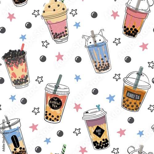 Bubble tea seamless pattern. Popular asian cold drink, pearl milk tea, trendy breakfast taiwanese boba tea with tapioca balls design vector texture. Plastic mug with straw for beverage