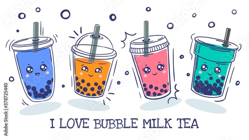 Bubble tea. Plastic cup with cute emotions smile characters and pearl milk tea, green, coffee and fruit tea with balls, asian drink cartoon vector set. Colorful beverage with adorable faces