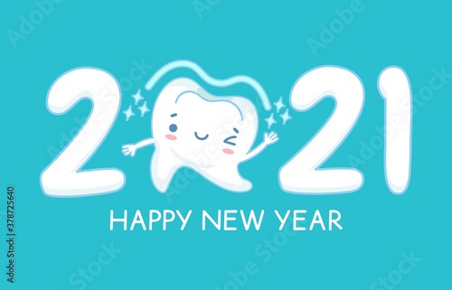 New year teeth. Happy holiday 2021 year banner with funny healthy white tooth, childrens dentistry, oral hygiene care dental vector concept. Single tooth with winking, smiling face