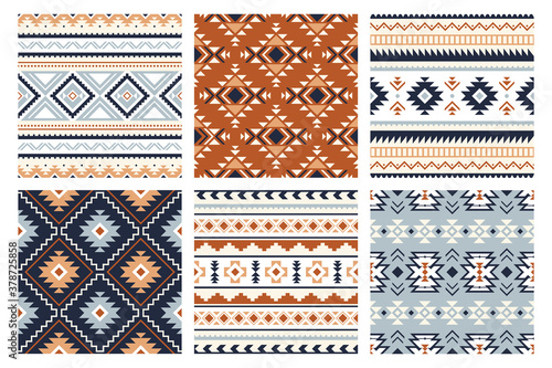 Tribal indian seamless pattern. Color mexican, aztec and maya ornament, ethnic stylish fabric geometric print wallpaper texture vector set. Unique folk, national culture collection photo