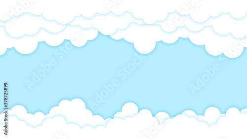 White fluffy cloud on blue sky outdoor landscape cartoon paper cut style background