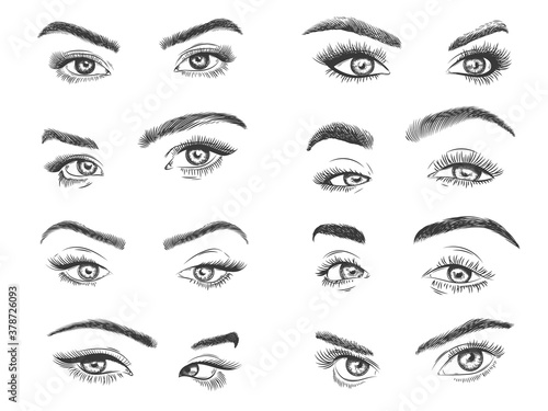Female eyes. Glamour eye lashes woman with perfectly shaped eyebrows, drawn black model eyelashes, design for makeup salon promo vector set. Fashion girl eyes for beauty studio logo or advert