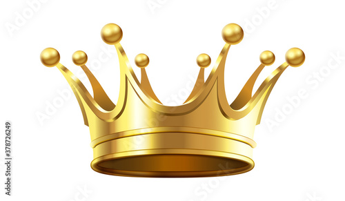 Realistic gold crown for royal family members. Accessory for monarch luxury coronation ceremony. Realistic 3d diadem for queen or king, prince or princess isolated on white vector illustration