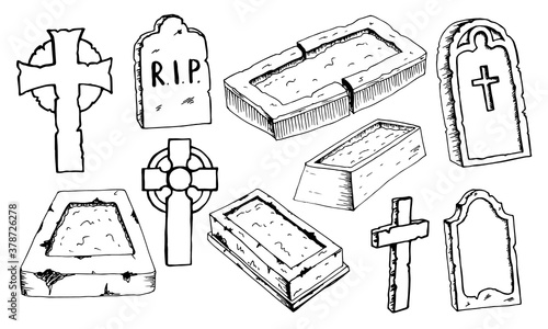 Graves headstones celtic cross hand drawn doodle outline set. Black gloomy sketch gravestone for decoration of halloween card poster invitation. Stock vector illustration isolated on white background