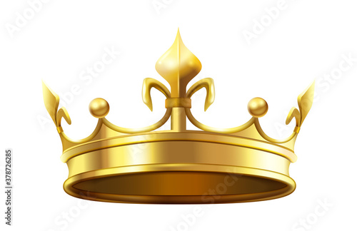 Royal crown for king and queen. Royalty and monarchy authority symbol, heraldic golden shiny element. Luxury 3d accessory for prince or princess isolated on white vector illustration