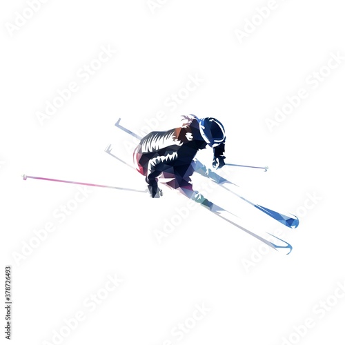 Downhill skier, slalom. Low polygonal aerial view. Isolated vector geometric illustration. Winter sport, alpine skiing