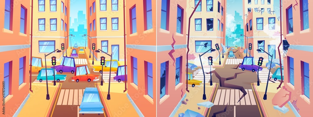 City street before and after earthquake. Damaged road and destroyed buildings. Town with good crossroad and after natural disaster with cracked ground. Cataclysm vector illustration