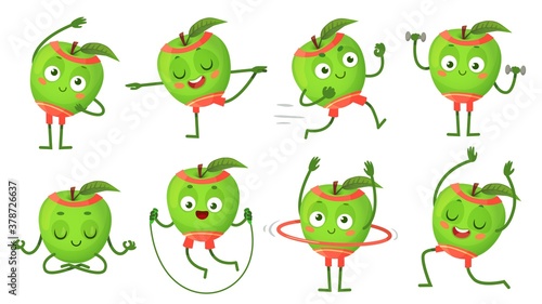 Cartoon apple character fitness  doing gymnastics. Fruit running  doing exercises with dumbbells. Meditating  sitting in lotus position  jumping with rope. Healthy lifestyle vector illustration