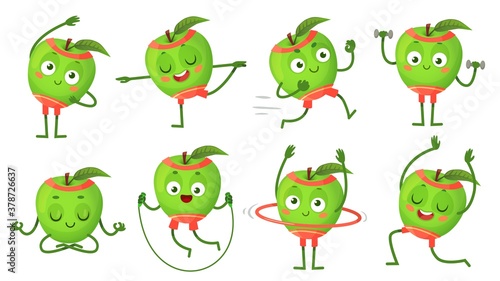 Cartoon apple character fitness, doing gymnastics. Fruit running, doing exercises with dumbbells. Meditating, sitting in lotus position, jumping with rope. Healthy lifestyle vector illustration