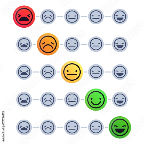 Emotional scale. Customer satisfaction meter. Mood indicator with different emotion measurement from happy to sad. Client mood level rating isolated, feedback concept vector illustration