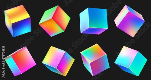 Holographic realistic 3D metal cube set. Neon color geometric element in different positions. Square with bright colorful gradients collection isolated on black vector illustration