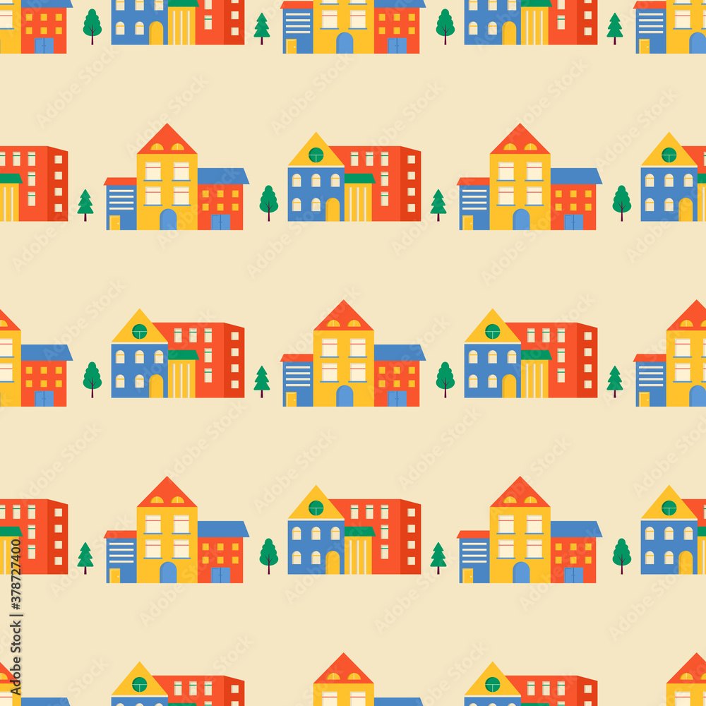 Seamless pattern houses and streets, roofs of building.  Cute cityscape colorful background for kids textile, wrapping paper, textile design. Vector background with town and trees