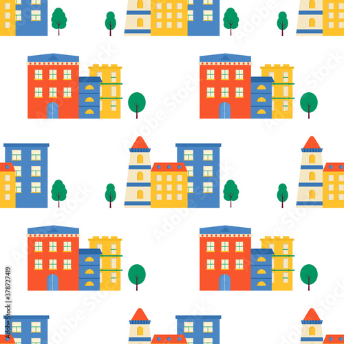 Seamless pattern houses and streets, roofs of building.  Cute cityscape colorful background for kids textile, wrapping paper, textile design. Vector background with town and trees
