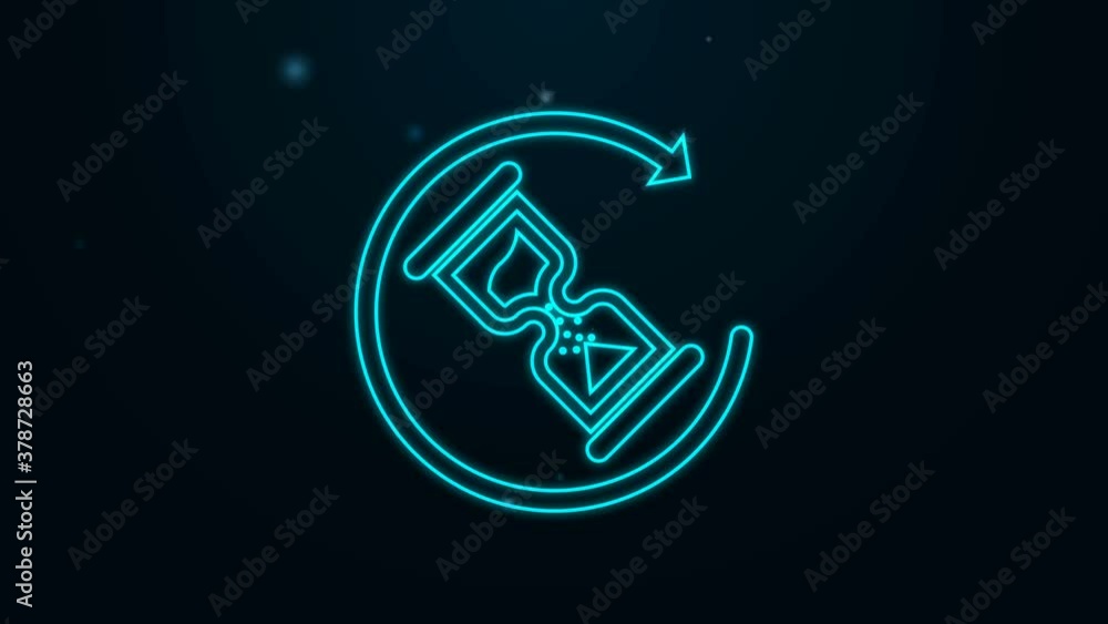 Glowing neon line Waiting icon isolated on black background. Wait time icon. Hourglass clock. 4K Video motion graphic animation. Glowing neon line Waiting icon isolated on black background. Wait time icon. Hourglass clock. 4K Video motion graphic animation.