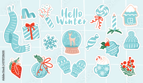 Set of stickers with winter and Christmas holiday theme. Holiday clipart collection