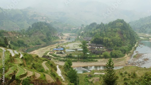 Riverside Village and Terraced Rice Field