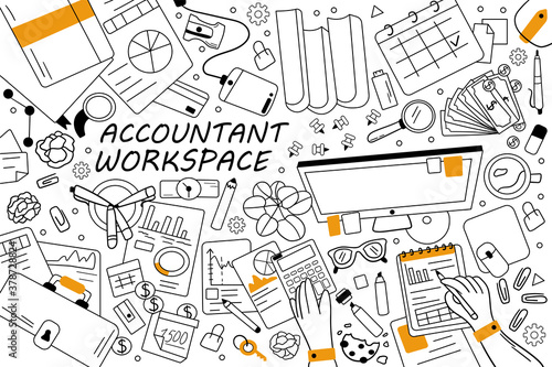 Accountant workspace doodle set. Collection of hand drawn sketches templates patterns of finance business accounting working equipment. Financial occupation data analysis and roi and money growth.