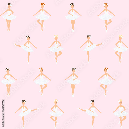 Ballerina, ballet dance, little swans. seamless pattern, set. Swan lake stage. Vector graphics illustration.