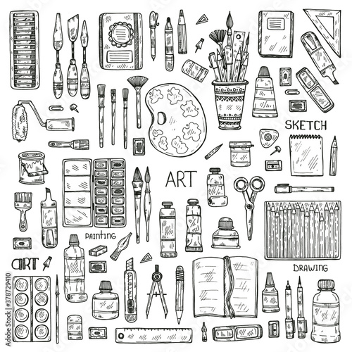 Set of cute hand drawn art tools including pencils; pens; watercolor; eraser; pastel; brush; and others. Vector hand drawn art collection