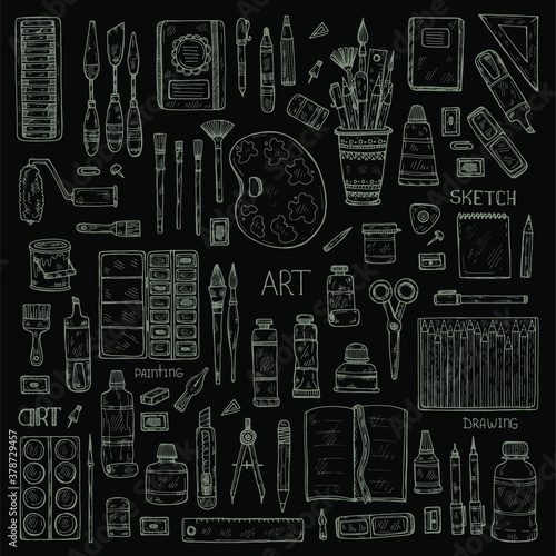 Set of cute hand drawn art tools including pencils; pens; watercolor; eraser; pastel; brush; and others. Vector hand drawn art collection