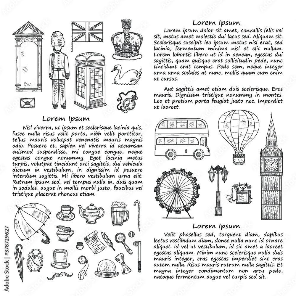 Card template with Welcome to Great Britain hand drawn icons including ...