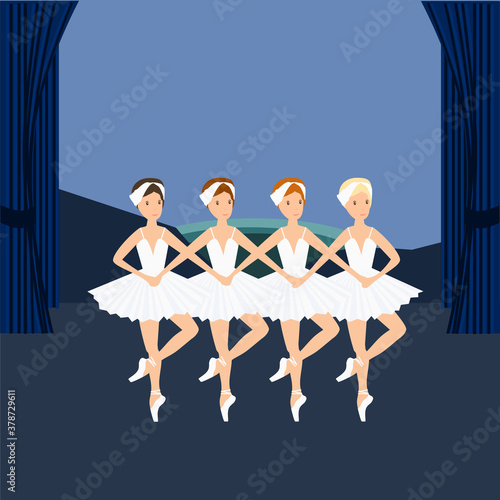 Set of ballerinas in tutu and pointe shoes, dancing and posing. Ballet vector pattern on the pink background.