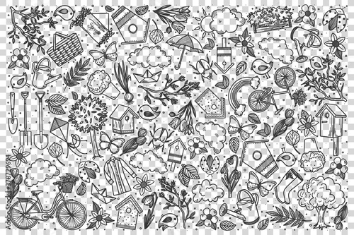Spring doodle set. Collection of hand drawn sketches templates patterns of seeding soils flowers bloom and birds arrival on transparent background. Weather season illustration