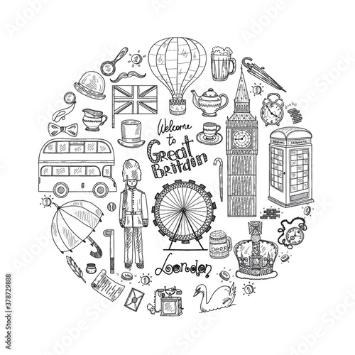 Welcome to Great Britain hand drawn composition with  crown, teapot, bus and others. Doodle vector United Kingdom related collection