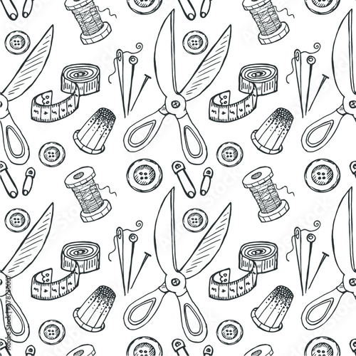 Seamless pattern with sewing tools. Vector hand drawn collection
