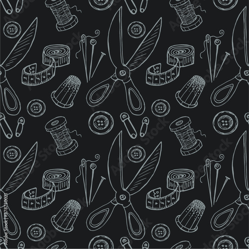 Seamless pattern with sewing tools. Vector hand drawn collection