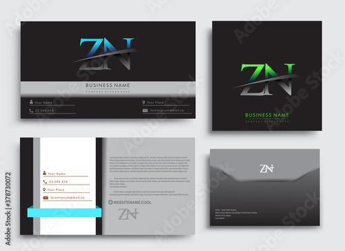 Clean and simple modern Business Card Template, with initial letter ZN logotype company name colored blue and green swoosh design. Vector sets for business identity, Stationery Design.